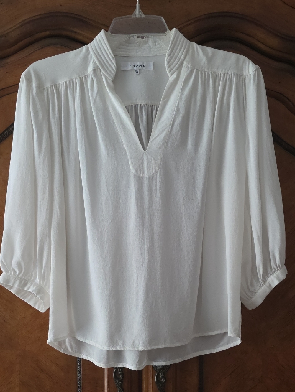 Frame Denim Cream Split-Neck Pleated Yoke Blouse